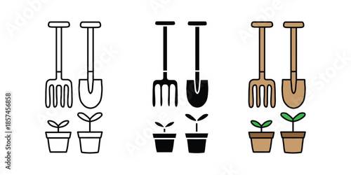 Gardening Tools and Potted Plants Icon Set. Garden Tools with Plant Pots Illustration
