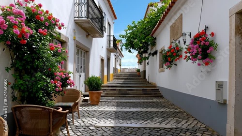 A narrow street with a white building and blue door