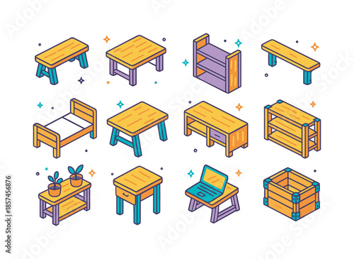 Colorful DIY Furniture Icons. DIY furniture from planks. Colorful isometric vector icons set of DIY furniture from planks: simple plank bench, plank coffee
