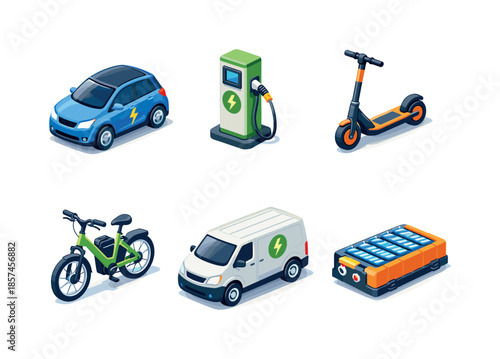 Electric Vehicles Grid. Electric Vehicles. Isometric flat vector icons set of Electric Vehicles: electric car, charging station, electric scooter, electric