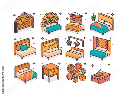 Boho Headboard Icons. Boho style headboards. Colorful isometric vector icons set of Boho style headboards: carved boho wood headboard, rattan peacock