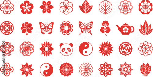 Collection of 28 red and white chinese new year decorative icons