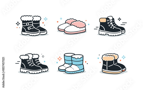 Warm Winter Footwear. Warm winter footwear icons. Minimal editorial icons focused on warmth, protection and comfort, featuring winter boots and shoes. Calm
