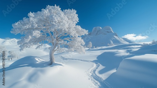 Serene Landscape Nature Tree In White Winter Snow