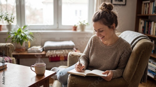 Woman journaling in cozy living room personal reflection lifestyle indoor warm atmosphere