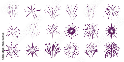 Collection of purple fireworks and starburst white celebration explosion