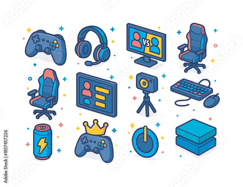 Gaming Competition Icons. Video game competition. Colorful isometric vector icons set of video game competition: pro style game controller, gaming headset with