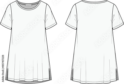Womens short sleeve dress front back view cad drawing flat vector illustration fashion apparel technical design template