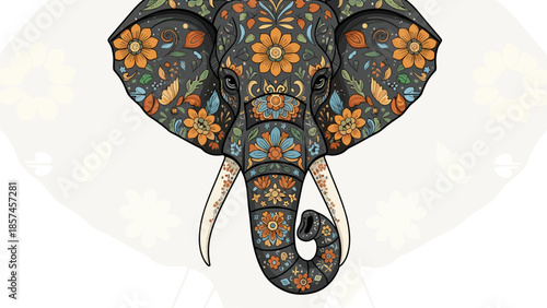 Colorful Elephant Head with Floral Patterns.
