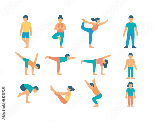 Colorful Balance Icons. Balance practice. Colorful flat vector icons set of balance practice: one-leg stand, tree pose, dancer pose, half-moon pose, warrior