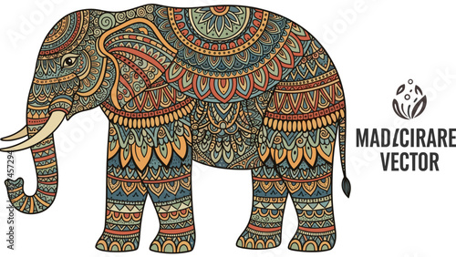 Colorful Elephant with Ornate Patterns and Designs.