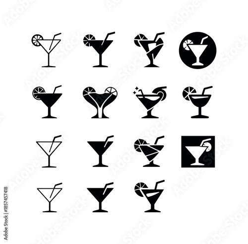 Party Drink Icons. party drinks. Icon set. Set Logo of party drinks: cocktail glass silhouette. harmonious logo variations of the same emblematic concept, each