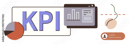 Data visualization tools, including pie chart, graph, mouse, user account icon, tracking progress. Ideal for performance tracking, web analytics, reports business growth strategy planning