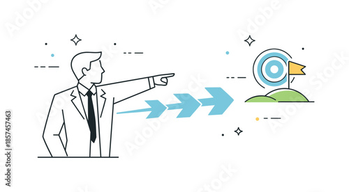Visionary Leadership Illustration. Vision and leadership. A leader figure pointing toward a distant abstract target. Sense of direction and inspiration, clean