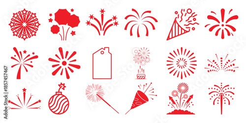 Collection of red fireworks and celebration white party explosion
