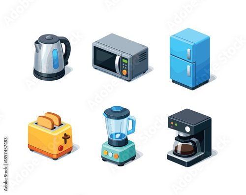 Colorful Kitchen Appliance Grid. Kitchen Appliances. Isometric flat vector icons set of Kitchen Appliances: electric kettle, microwave oven, refrigerator,