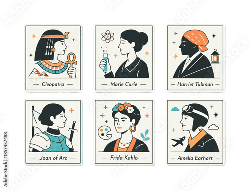 Women in History. Women in History. Stylized portraits or silhouettes of women shown as clean cards or frames, arranged in a balanced composition. Educational