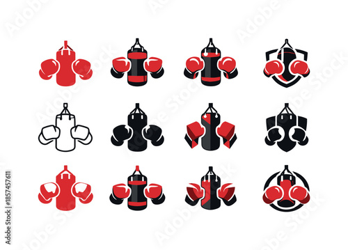 Boxing Workout Logos. Boxing fitness workouts. Icon set. Set Logo of boxing fitness workouts: punching bag. harmonious logo variations of the same emblematic