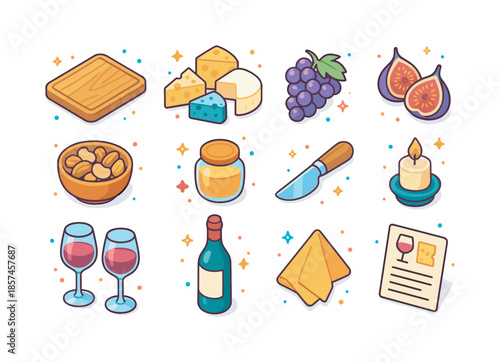 Wine & Cheese Icons. Wine and cheese pairing night. Colorful isometric vector icons set of wine and cheese pairing night: wooden cheese board, assorted cheese