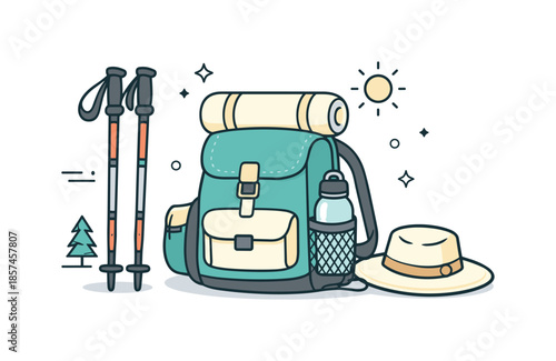Backpacking Essentials. Backpacking Essentials. A peaceful scene of a neatly packed backpack with trekking poles, hat, and water bottle ready for a trail,