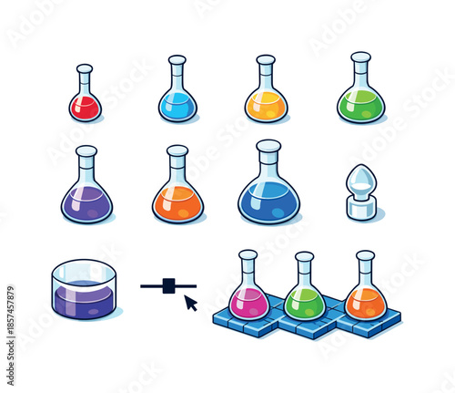 Colorful Volumetric Flask Icons. Volumetric Flasks. Colorful isometric vector icons set of Volumetric Flasks: mL flask, mL flask, mL flask, mL flask, mL flask,