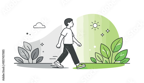 Stepping into Positivity. Gray to green color transition. A person stepping from a gray area into a green space with light leaves around. Personal growth,
