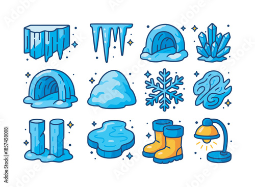 Colorful Ice Caves Icons. Ice caves. Colorful isometric vector icons set of ice caves: blue ice walls, icicles, frozen ceiling arch, glacial tunnel, snow