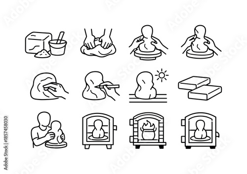 Clay Modeling Icons. Clay Modeling Process. Line icon set of Clay Modeling Process: raw clay preparation, wedging clay, forming basic shape, refining details,