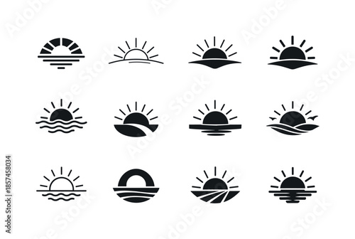 Sunrise Sunset Icons. Sunrise and sunset. Icon set. Set Logo of sunrise and sunset: sunbeam arch. harmonious logo variations: Abstract geometric, Minimal