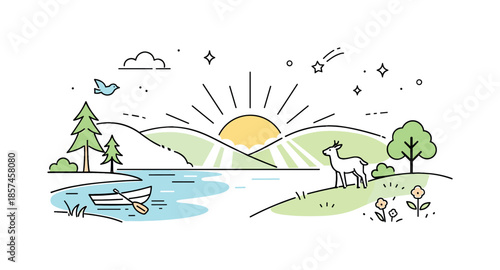 Morning Light Bliss. Morning light returning. A quiet early morning scene with light entering through clouds or hills, softly illuminating nature. Calm