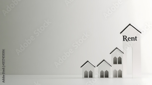 Abstract representation of increasing rent costs. A row of tiny houses that progressively increase in size, symbolizing rising rent prices on a light grey background.