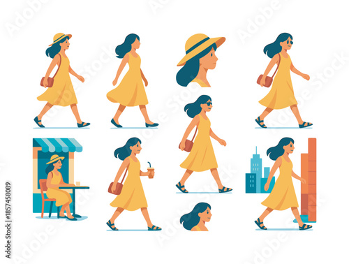 City Stroll Icons. A young woman walking through the city in a flowy summer dress. Colorful flat vector icons set of a young woman walking through the city in