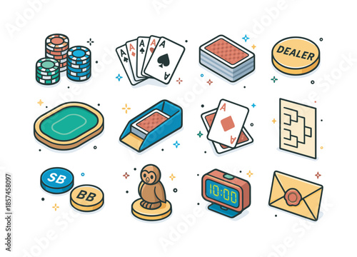 Isometric Card Game Icons. Card game tournament. Colorful isometric vector icons set of card game tournament: poker style chip stacks, playing cards in fan,