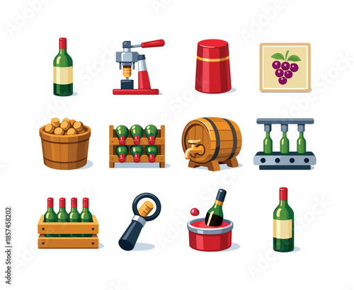 Wine Bottling Icons. Wine bottling. Colorful flat vector icons set of wine bottling: wine bottle, cork insertion tool, foil capsule, label sticker, cork bin,