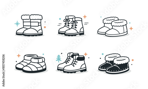 Warm Winter Footwear. Warm winter footwear icons. Minimal editorial icons focused on warmth, protection and comfort, featuring winter boots and shoes. Calm