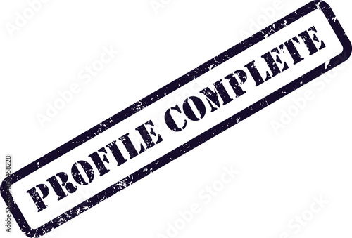 A dark blue rectangular stamp featuring the words profile complete clearly visible on a white background