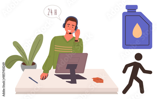 Man in headset providing customer support, desk with monitor, oil bottle symbol, walking figure, 24H service. Ideal for customer service, logistics, communication, delivery support availability