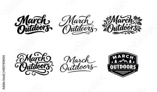 March Lettering Variations. March Outdoors. Set lettering. harmonious lettering variations of the same emblematic concept, each with different artistic