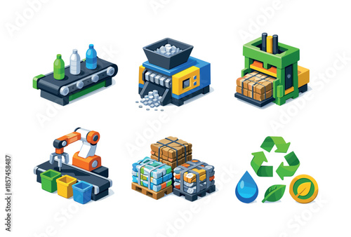 Recycling Process Icons. Recycling Process. Isometric flat vector icons set of Factory Waste Management System: conveyor belt with bottles, shredder, baler