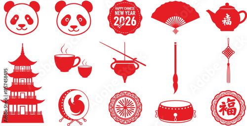 Red chinese new year icons featuring pandas lanterns temples and traditional objects