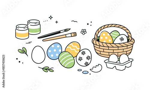 Easter Preparations Scene. Easter preparation elements / early Easter. A calm editorial scene with decorated eggs, paint brushes, and a small basket laid out