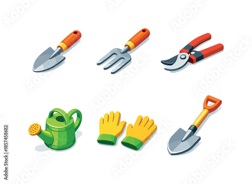 Garden Tools Icons. Gardening Tools. Isometric flat vector icons set of Gardening Tools: hand trowel, garden fork, pruning shears, watering can, garden gloves,