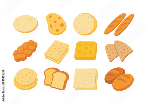 Global Bread Icons. Global breads. Colorful flat vector icons set of global breads: pita bread, naan bread, tortilla rounds, baguettes, challah braids, lavash
