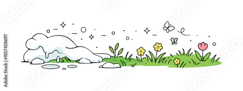Spring Awakens. Winter to spring transition illustration. Clean horizontal composition showing melting snow gradually revealing grass underneath. Peaceful