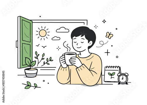 Cozy Morning Vibes. March lifestyle illustration. A person holding coffee while enjoying fresh air near an open window, symbolizing slow mornings and seasonal
