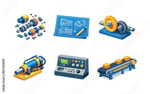 Industrial Blueprint Icons. Industrial equipment blueprint. Isometric flat vector icons set of industrial equipment blueprint: exploded machine assembly,