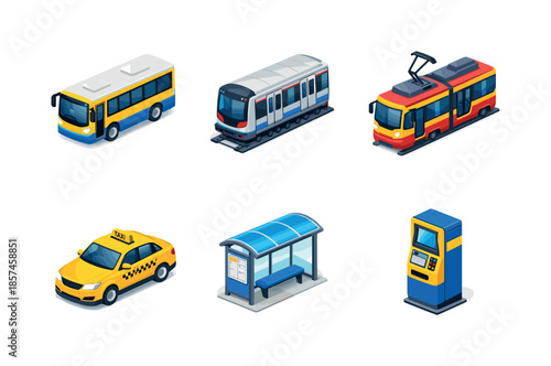Isometric Public Transport Icons. Public transport. Isometric flat vector icons set of Public transport: city bus, subway train car, tram vehicle, taxi cab,
