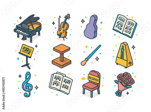 Classical Music Icons. Classical music evening. Colorful isometric vector icons set of Classical music evening: grand piano, violin on stand, cello case, sheet