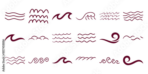 Collection of stylized deep red wave and swirling water symbols white