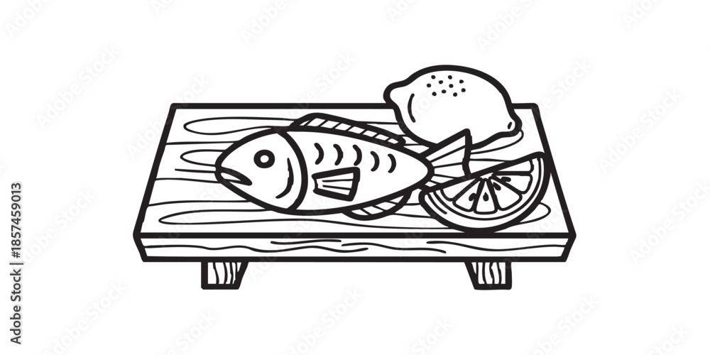 Fototapeta premium Wooden board with fish and lemon wedge solid icon, japanese food concept. Vector graphics. Lemon slice and fish, seafood sign on white background, style icon mobile or web design